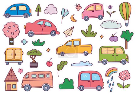Ilustración de Pegatinas de vehículos garabato y otros objetos lindos colección - Imagen libre de derechos
