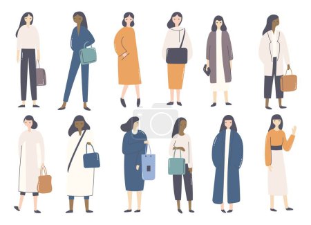 Téléchargez les illustrations : Illustration plate de mannequins féminins avec différentes tenues - en licence libre de droit
