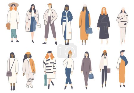 Ilustración de Ilustración plana de modelos de moda femenina con varios trajes - Imagen libre de derechos