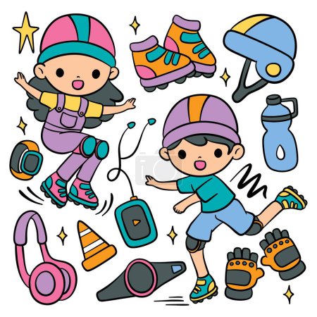 Téléchargez les illustrations : Dessin animé à la main enfants jouant patins à roulettes - en licence libre de droit