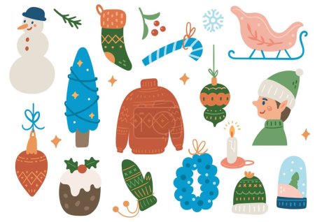 Ilustración de Conjunto de pegatinas de Navidad en estilo doodle - Imagen libre de derechos