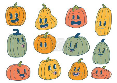 Téléchargez les illustrations : Jeu de dessin animé Halloween citrouille gribouille dans diverses expressions - en licence libre de droit