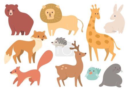 Ilustración de Conjunto de animales de dibujos animados en ilustración de estilo plano - Imagen libre de derechos