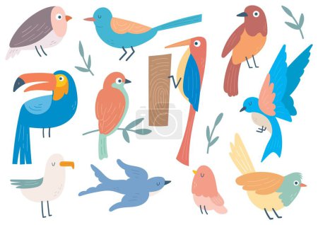 Téléchargez les illustrations : Ensemble d'oiseaux en illustration de style plat - en licence libre de droit