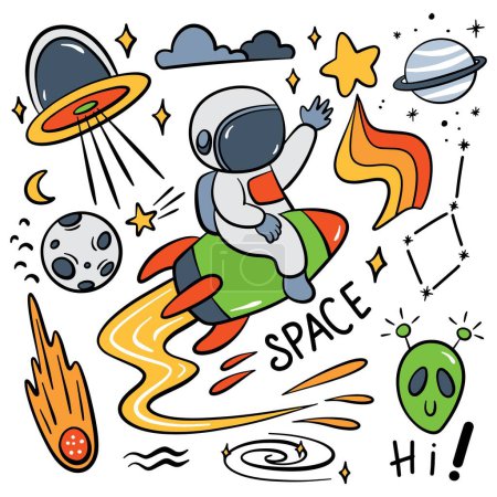 Ilustración de Espacio dibujado a mano y astronauta dibujo animado garabato ilustración - Imagen libre de derechos