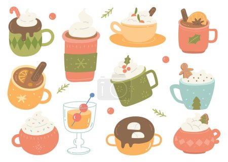 Téléchargez les illustrations : Ensemble de boissons de Noël Doodle dans un style plat Illustration - en licence libre de droit