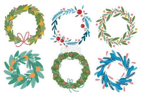 Téléchargez les illustrations : Ensemble de couronnes décoratives florales, décorations de Noël - en licence libre de droit