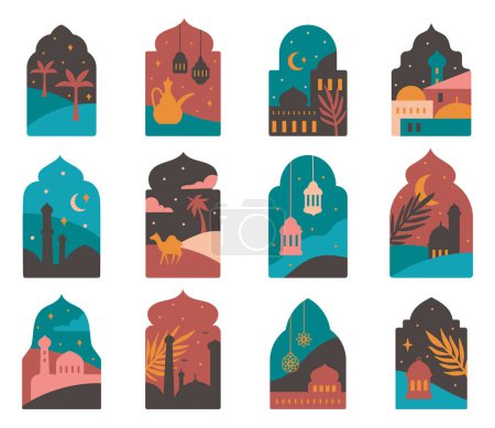 Téléchargez les illustrations : Fenêtres arabes avec mosquée, désert, lune, scène de sérénité illustration de style plat, élément de design ramadan, décoration de carte de vœux eid al fitr - en licence libre de droit