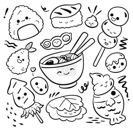Téléchargez les illustrations : Jeu de kawaii japon alimentaire dessin animé contour doodle - en licence libre de droit