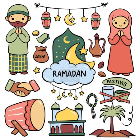 Ilustración de Doodle de dibujos animados de Ramadán dibujado a mano, celebración islámica, fiesta de Iftar, elemento de diseño de Eid Al Fitr - Imagen libre de derechos