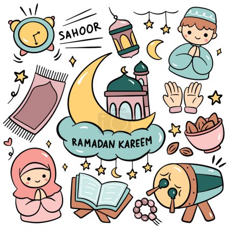Illustration for Hand Drawn Ramadan Cartoon Doodle, Islamic Celebration, Iftar Party, Eid Al Fitr Design Element - Royalty Free Image