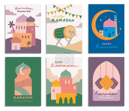 Téléchargez les illustrations : Ensemble de carte Ramadan en illustration de style plat, Célébration de l'Aïd Al Fitr - en licence libre de droit