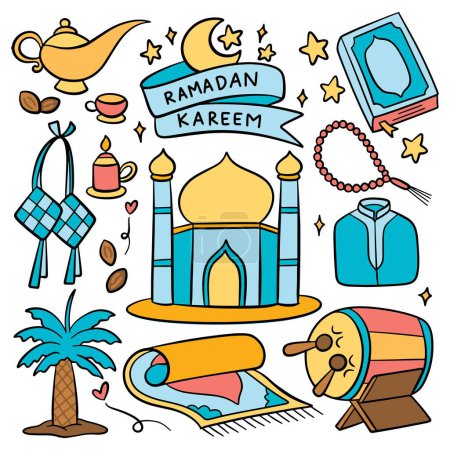 Téléchargez les illustrations : Ramadan islamique et eid al fitr festival concept doodle dessin animé élément de conception - en licence libre de droit