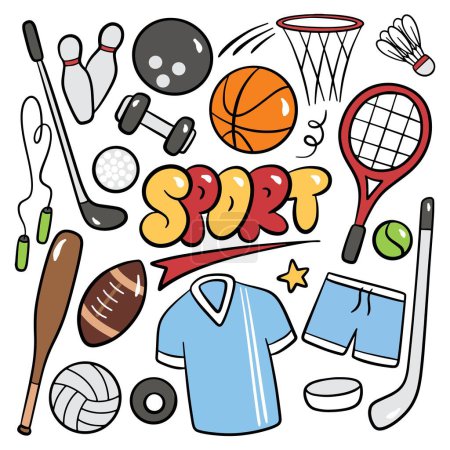 Téléchargez les illustrations : Équipement de sport de dessin animé dans l'illustration de style doodle - en licence libre de droit
