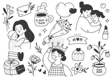 Téléchargez les illustrations : Dessin à la main célébration de la fête des mères doodle concept ligne illustration d'art - en licence libre de droit