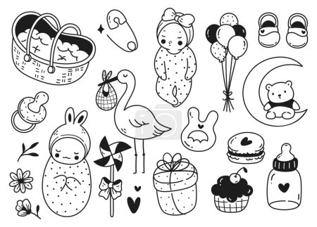 Téléchargez les illustrations : Ensemble d'accessoires mignons pour bébé doodle line art - en licence libre de droit