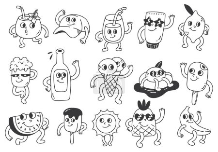 Vintage Cartoon Food and Drink Characters Collection, Summer Concept Doodles ludiques