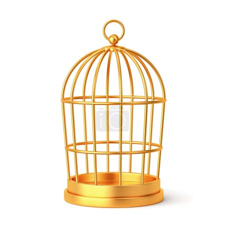 Golden bird cage isolated on white. 3D rendering with clipping path