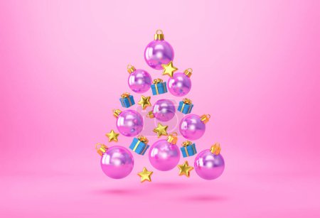 Christmas bauble balls, gift boxes, golden stars in the shape of a Christmas tree on pink background.3D rendering
