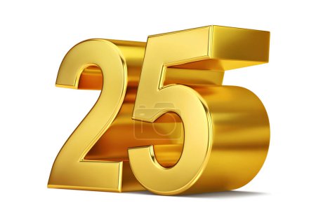 Golden twenty five number isolated on white. 3D rendering with clipping path