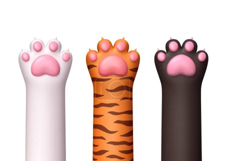 Katzenpfoten in verschiedenen Farben isoliert auf rosa Hintergrund. 3D Rendering mit Clipping-Pfad