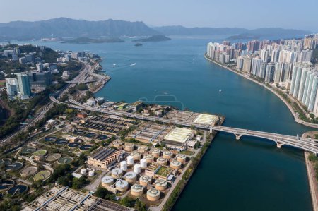 Photo for Sha Tin, Hong Kong - 10 April 2021: Top view sewage treatment plant in Hong Kong - Royalty Free Image