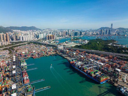 Hong Kong - 04 December 2021: Top view of cargo terminal port in Hong Kong city