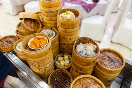 Photo for Group dim sum in dim sum basket on the cart - Royalty Free Image
