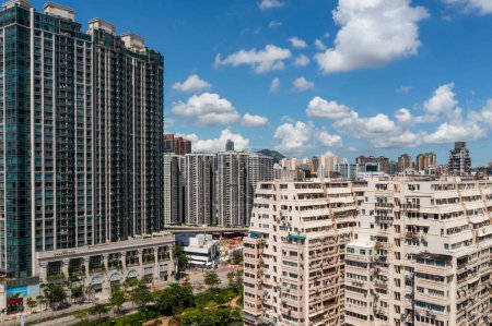 Photo for Kowloon, Hong Kong - 15 July 2022: Top view of Hong Kong city - Royalty Free Image
