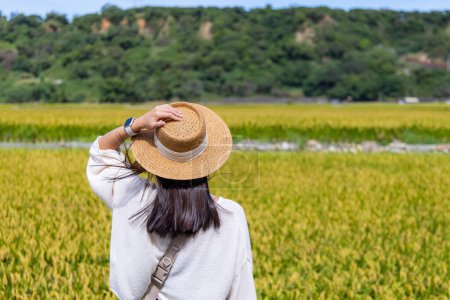 Foto de Mujer viajera visita el campo de arroz en el campo - Imagen libre de derechos