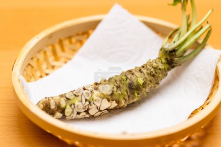 Téléchargez les photos : Racine japonaise de wasabi sur le panier - en image libre de droit