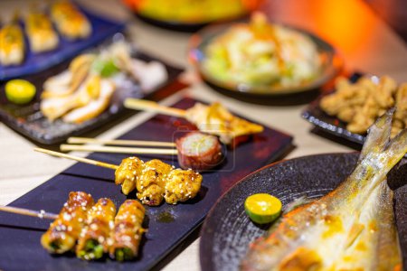 Photo for Japanese restaurant with lots of different grilled Skewer - Royalty Free Image