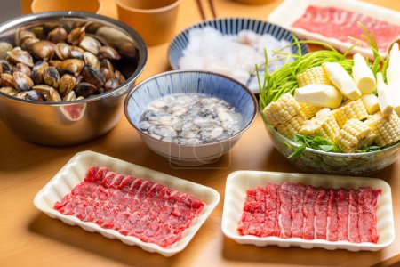Photo for Homemade hot pot with seafood and meat - Royalty Free Image