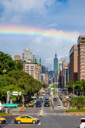 Photo for Taiwan - 25 July 2023: Taipei City skyline with rainbow - Royalty Free Image