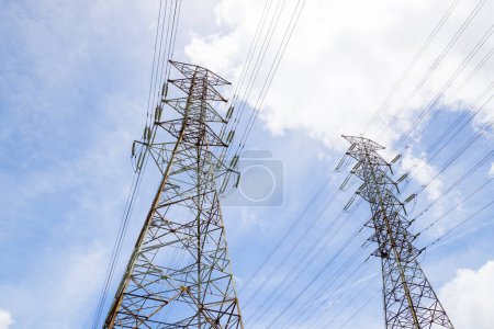 Stromleitungen und Strommasten vor blauem Himmel