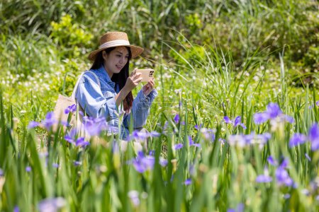 Foto de Mujer utilizar el teléfono móvil para tomar una foto en la flor púrpura en la granja - Imagen libre de derechos