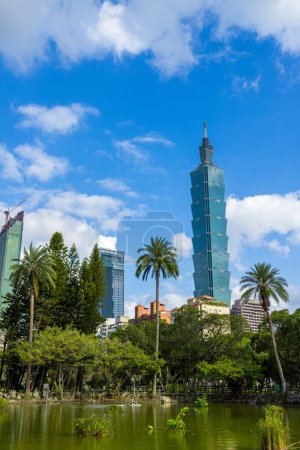 Photo for Taipei, Taiwan - 02 October 2023: Taipei 101 tower in Sun Yat Sen Memorial Hall in Taipei - Royalty Free Image