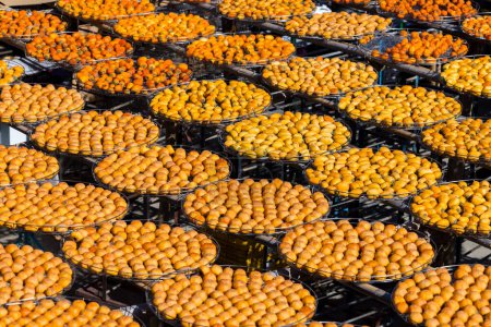 Téléchargez les photos : Production sèche de fruits de kaki sous le soleil de l'usine - en image libre de droit