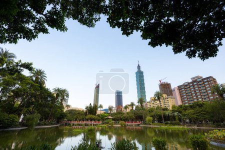 Photo for Taipei, Taiwan - 14 September 2023: Taipei city downtown view with lake - Royalty Free Image