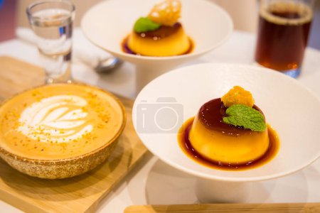 Photo for Latte and egg pudding in coffee shop - Royalty Free Image