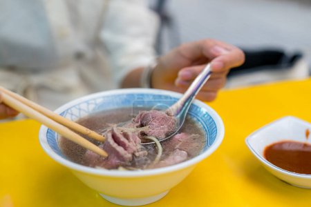 Photo for Fresh raw beef soup in Taiwan food store - Royalty Free Image