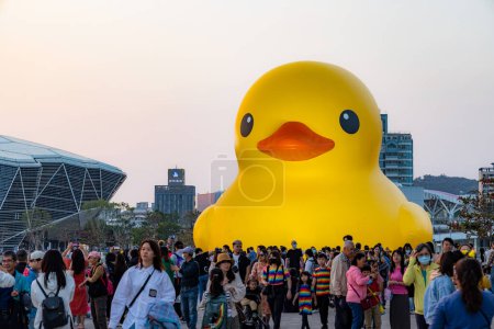 Photo for Taiwan - 01 February 2024: Yellow duck in kaohsiung bay in Taiwan in the evening - Royalty Free Image
