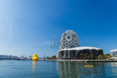 Photo for Kaohsiung, Taiwan - 01 February 2024: Kaohsiung Music Center in Taiwan with plastic yellow rubber duck - Royalty Free Image