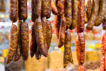 Photo for Chinese Preserved Sausages hanging in grocery store - Royalty Free Image