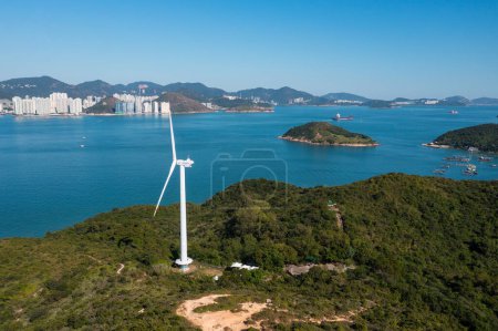 Top view of Lamma island in Hong Kong with wind turbine