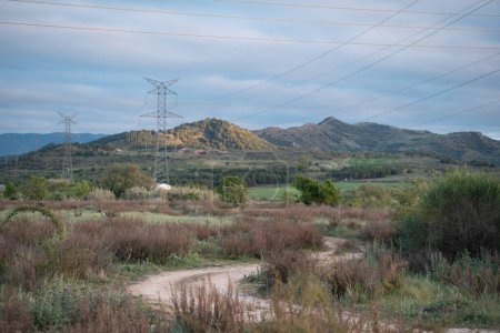 Las líneas eléctricas se extienden a través de un paisaje rural sereno, contrastando las estructuras hechas por el hombre con la belleza natural de las colinas onduladas.