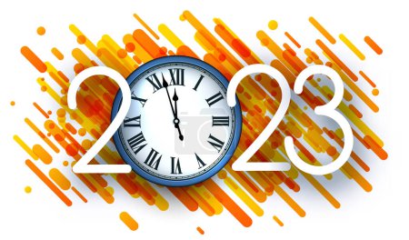 Illustration for 2023 sign with clock showing midnight on orange gradient brush strokes background. - Royalty Free Image