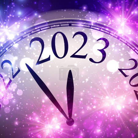 Halbversteckte Uhr zeigt 2023 mit lila funkelnden Sternen und Bokeh-Lichtern.