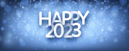 Banner with happy 2023 sign on blue background with snow. Vector winter illustration.