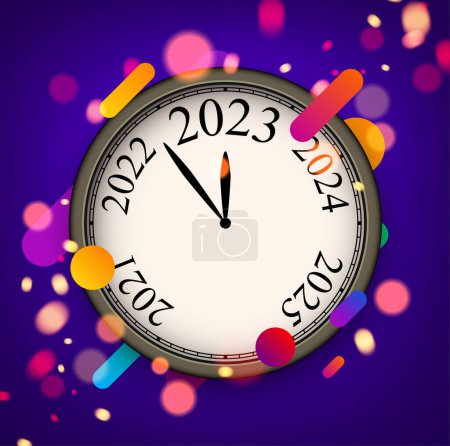 Illustration for Clock showing 2023 on purple background with bokeh. - Royalty Free Image